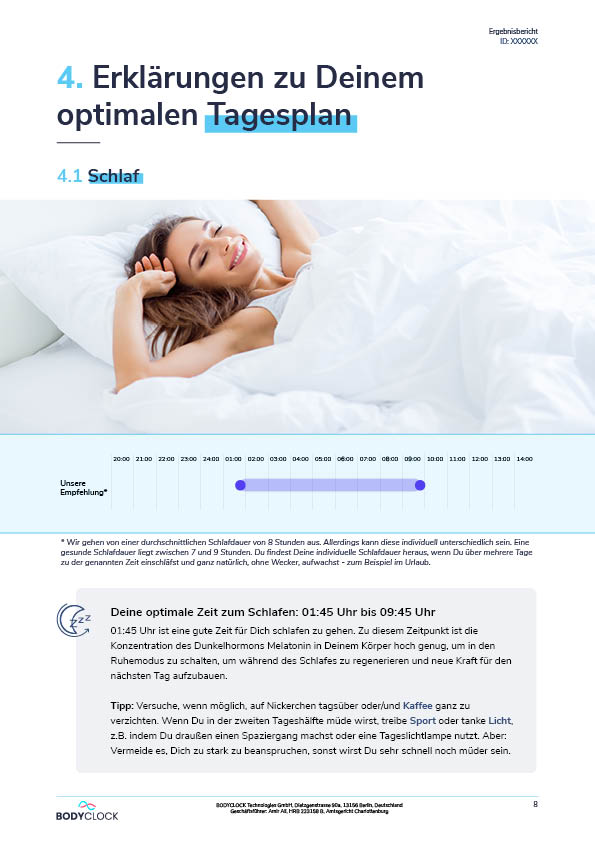 BodyClock Ergebnisbericht Chronotyp Tagesplan Schlaf